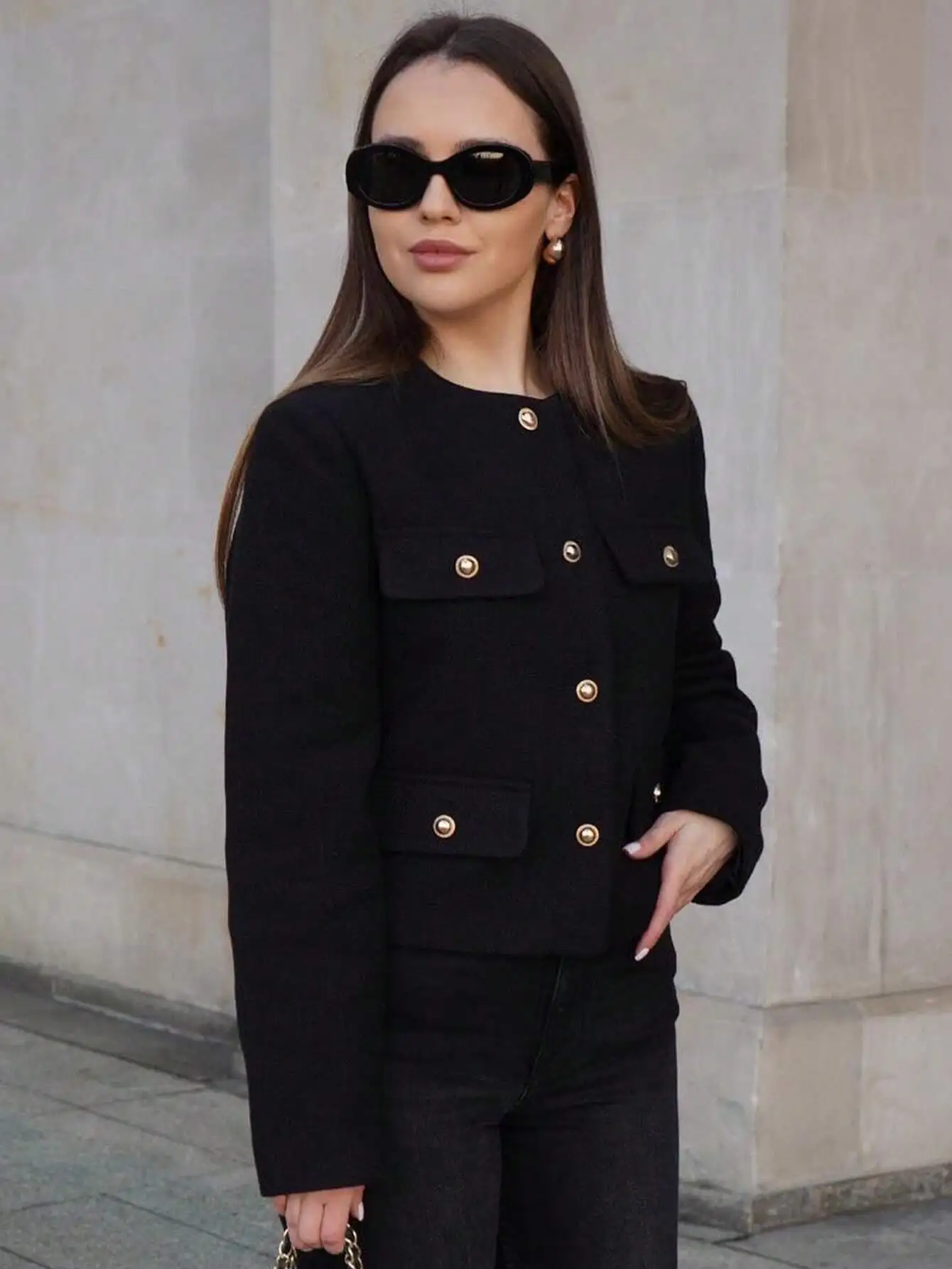 

Women's Black Tweed Jacket with Gold Buttons, Round Neck, Long Sleeves, Casual Elegant Style