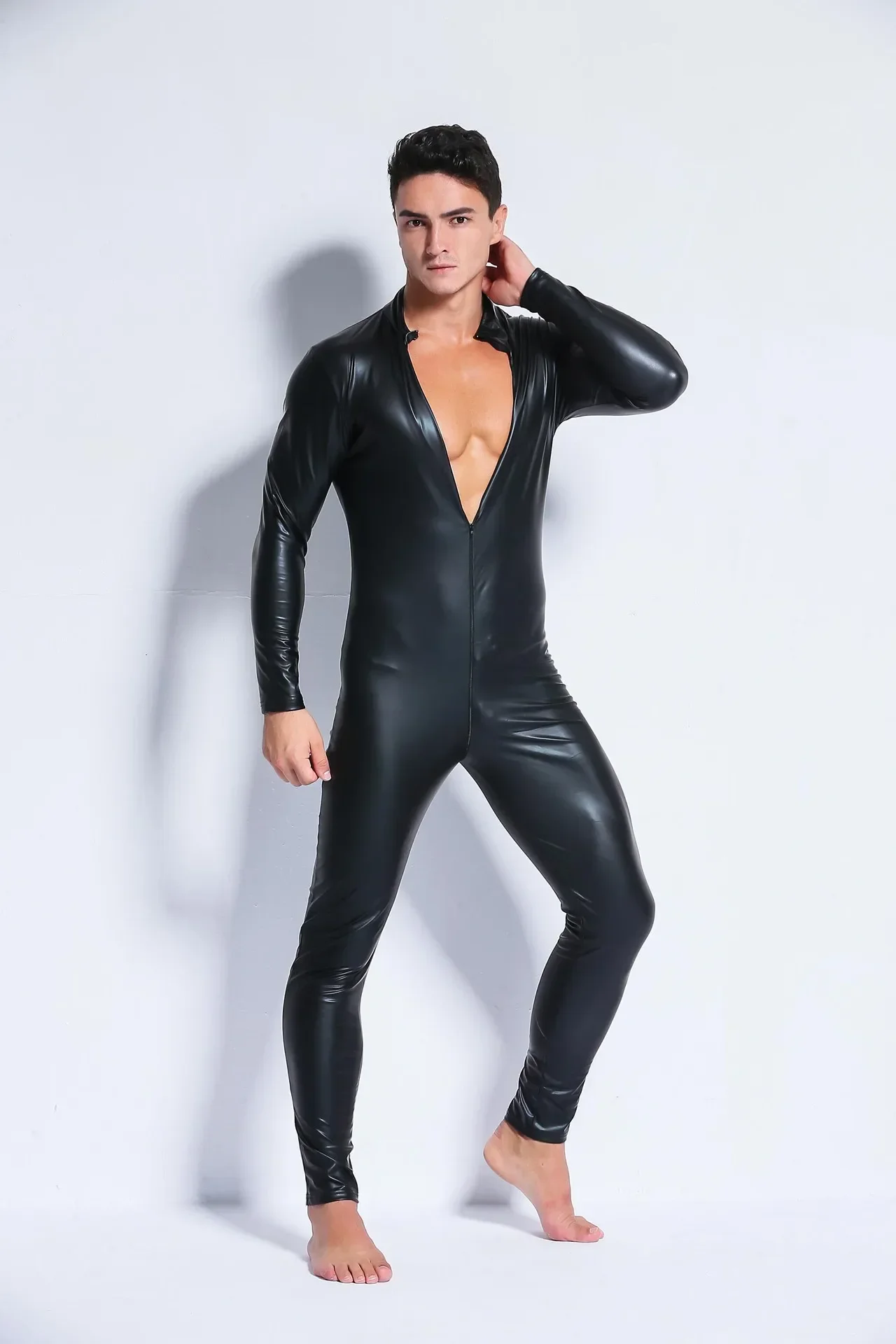 Combinaison Catsuit en Faux cuir Pu brillant pour hommes, Sexy, boîte de nuit, Lingerie érotique, look mouillé