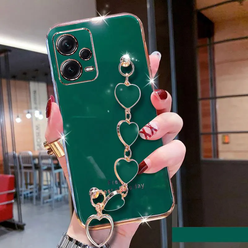 Wrist Bracelet Phone Case For Xiaomi poco X5 5G Case Luxury Heart Chain Plating Cover POCO X5 Pro X 5 pocox5 Case Silicone