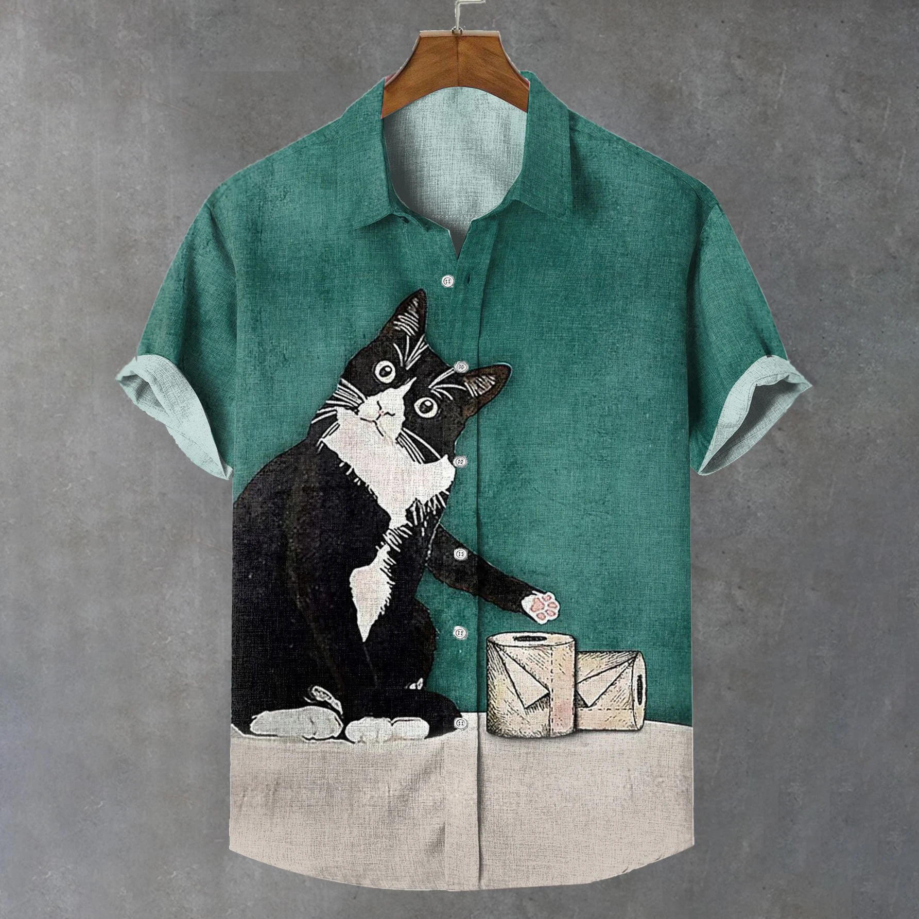 Summer Men\'s Shirt Animal Pattern Print Cat Shirts Casual Short Sleeve Streetwear Fashion Male Oversized Clothing Cardigan Top