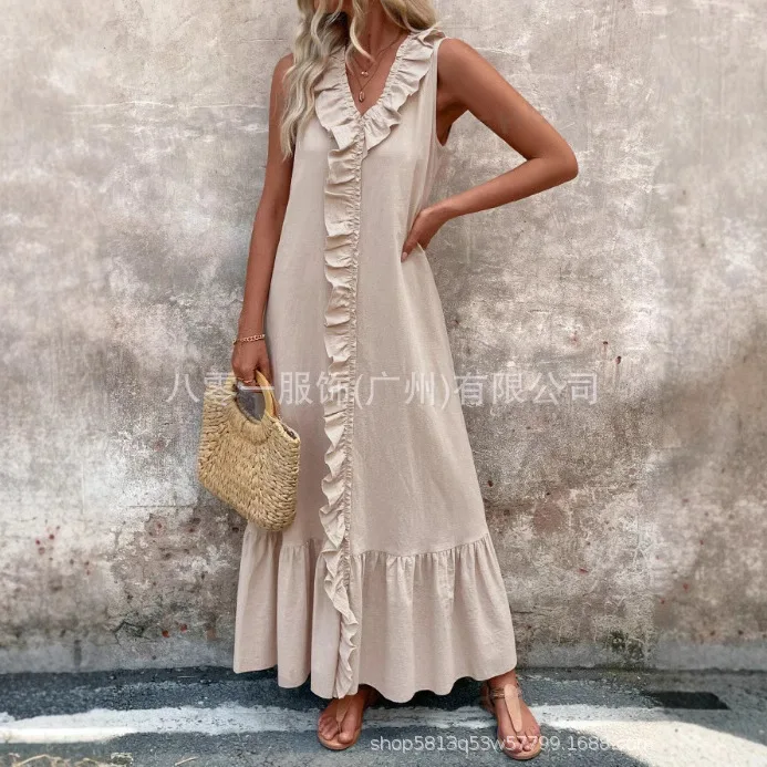 New Spring and Summer Solid Color Sleeveless V-Neck A-Line Dress