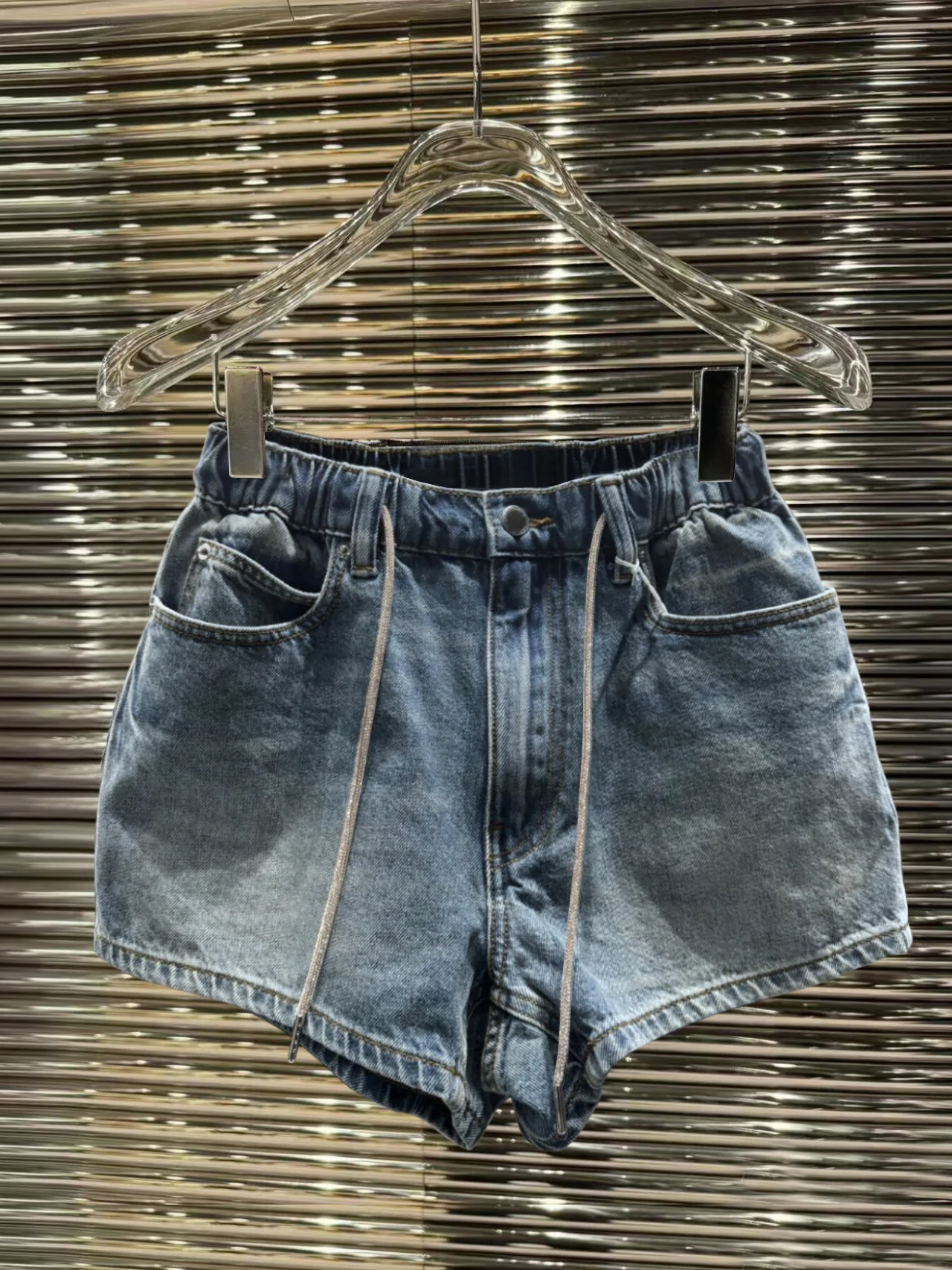 

LIMANER2026 Crystal Drawstring Slim Straight Washed Casual Shorts Women's Jeans High Waist Cotton Blend Comfortable Summer Wear