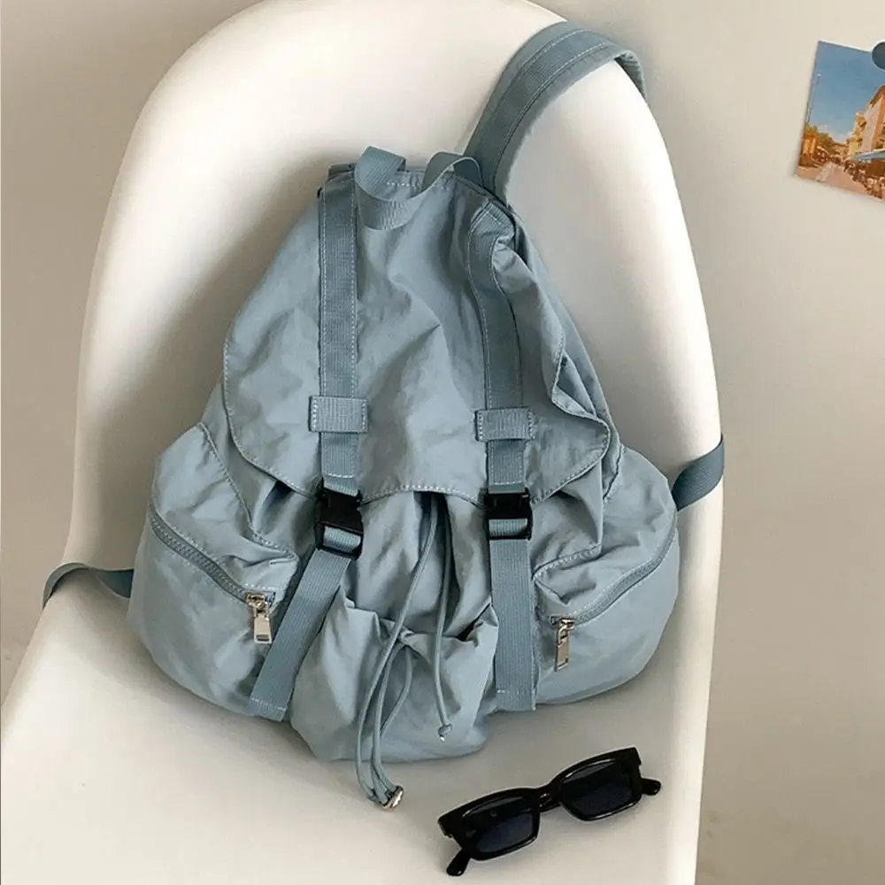 Solid Color Drawsting Backpacks Light Weight Large Capacity Ruched Shoulder Bags Casual Nylon Student Schoolbag Men Women
