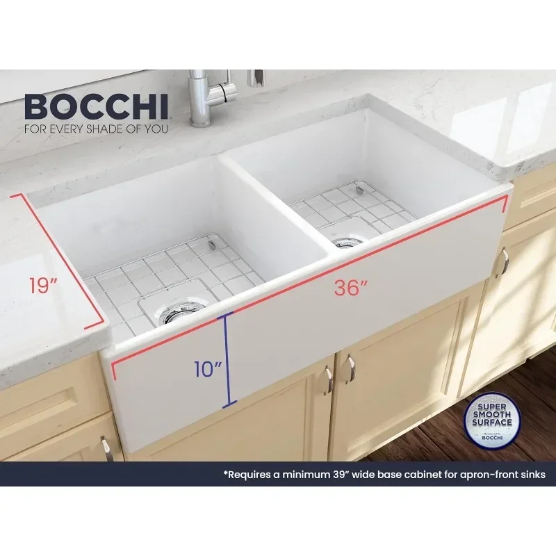 BOCCHI Contempo Farmhouse Apron Front Fireclay 36 in. Double Bowl Kitchen Sink with Protective Bottom Grid and Strainer in White