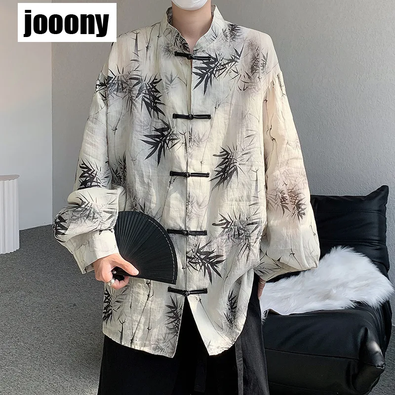 Summer Trendy Shirt Sunscreen Clothing Bamboo Leaf Pan Button Printing Top Art Men Chinese Style Hanfu Tops Traditional Ethnic