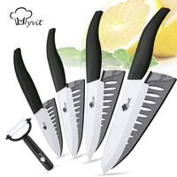 Ceramic Knife 3 4 5 inch + 6 inch Kitchen Knives Serrated Bread Set +Peeler Zirconia Black Blade Fruit Chef Knife Vege Cook Tool