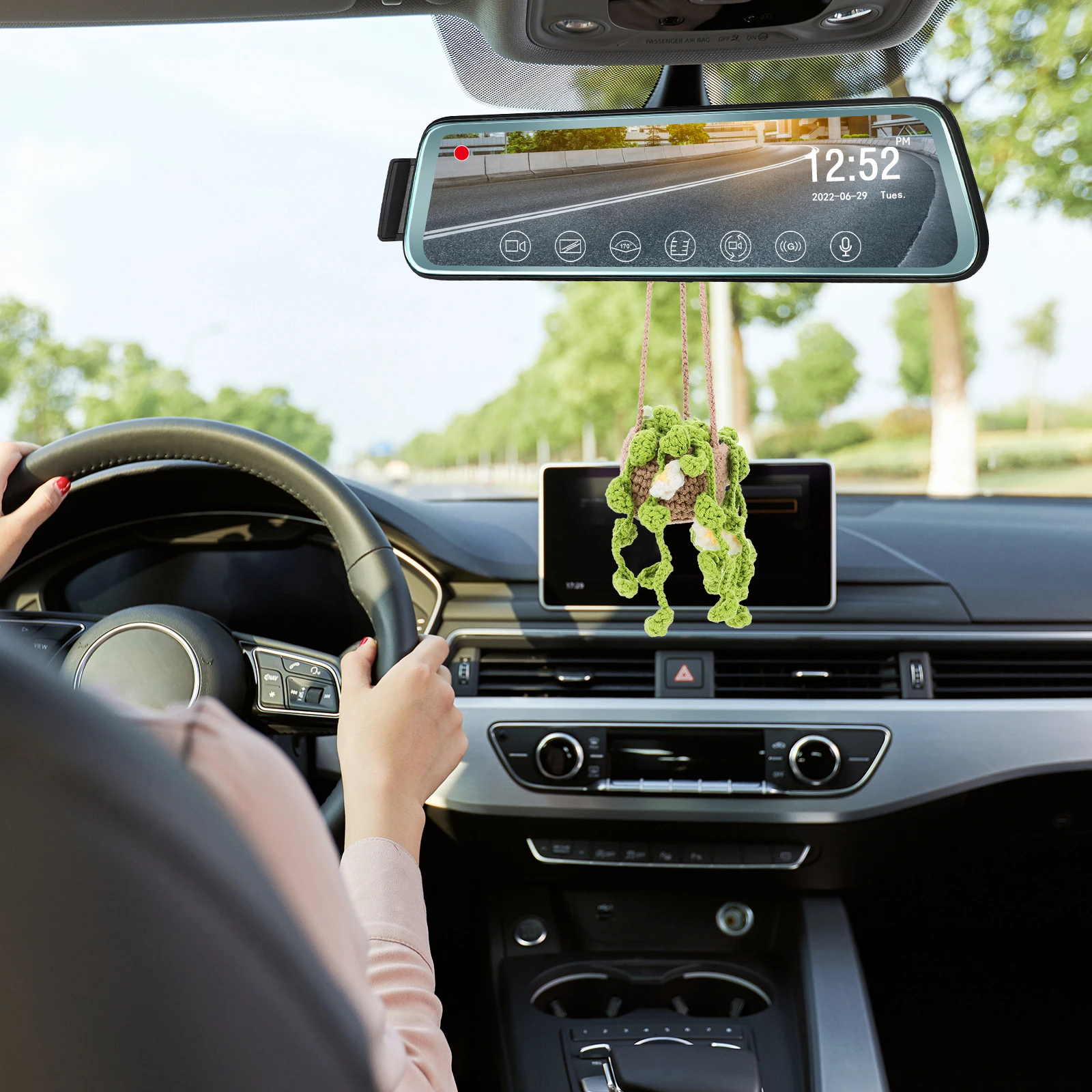 

Sunflower Handmade Crochet Woven Basket Car Rearview Mirror Hanging Decor Lucky Charm Cute Car Accessories Interior Decoration