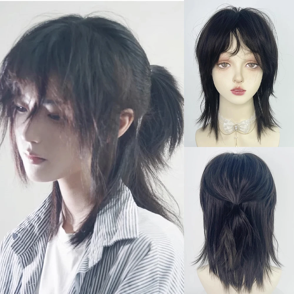 Short Synthetic Straight Mullet Head Wig Black Fluffy Natural Wolf Tail Hair Men and Women Wig for Daily Party Cosplay