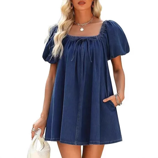 Summer New Square-neck Bubble Short-sleeved Lace-up Denim Dress. A Loose, Solid-colored Casual Short Pullover Dress for Women - view 5