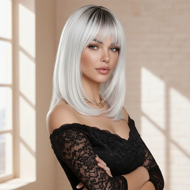 

16 Inch Gradient Straight Hair Women's Non Stick Synthetic Wig with Bangs, Natural and Smooth Craftsmanship, Comfortable to Wear