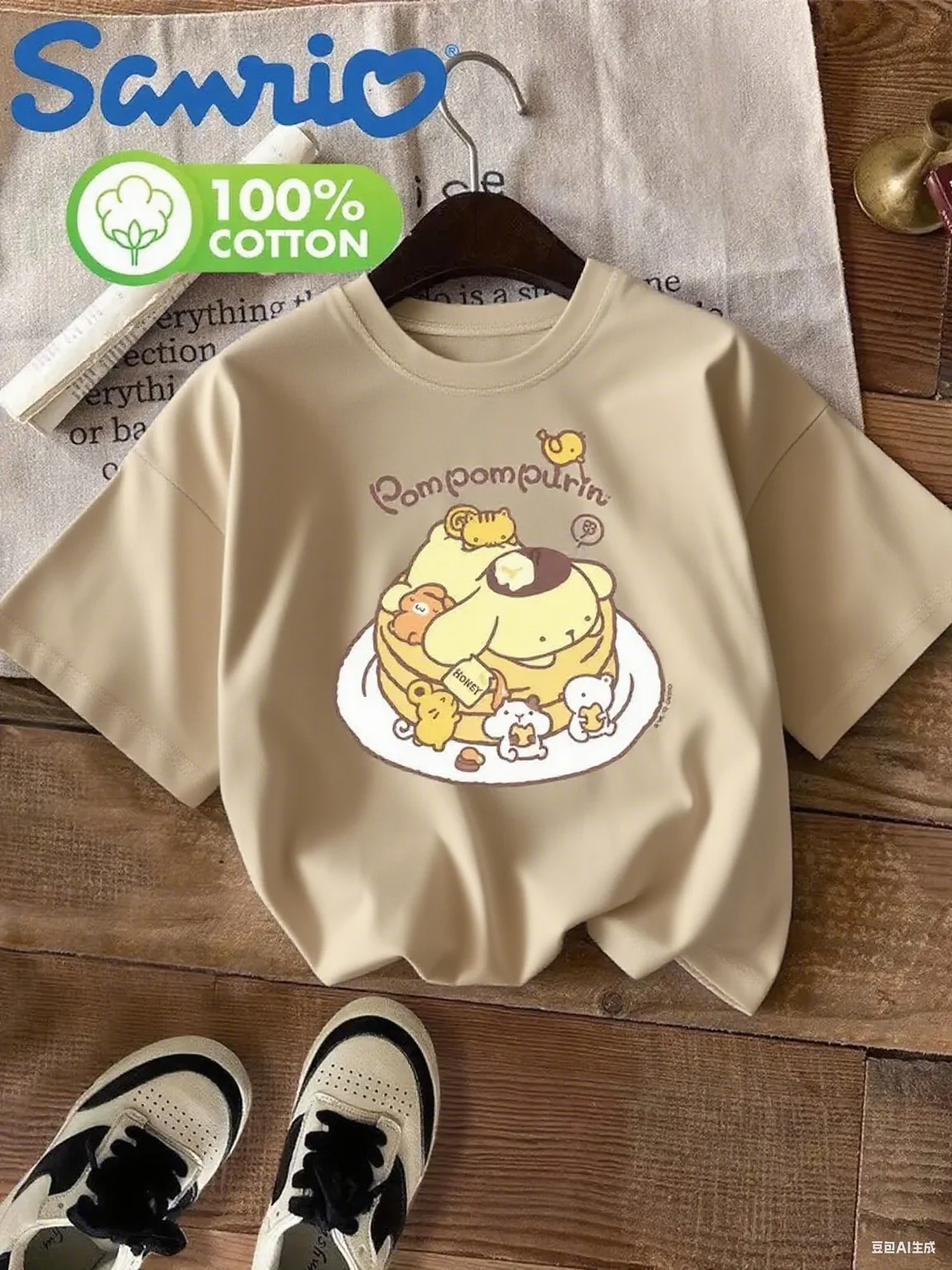 เสื้อยืดผ้าฝ้ายลายซานริโอ ปอมปอมปูรินแพนเค้กเลิฟปูรินพร้อมสัตว์ตัวเล็กพิมพ์ลายผ้าฝ้ายแท้ 100% เพื่อลุคหวานน่ารัก