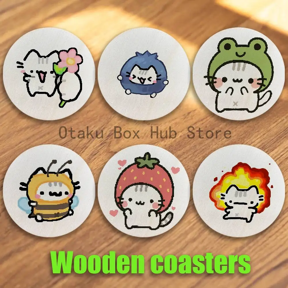 

Adorable Cute Cartoon Cat 2D Pattern round Wooden Coaster Decorative Coffee Cup for Use in Coffee Shops Bars Wine Beer
