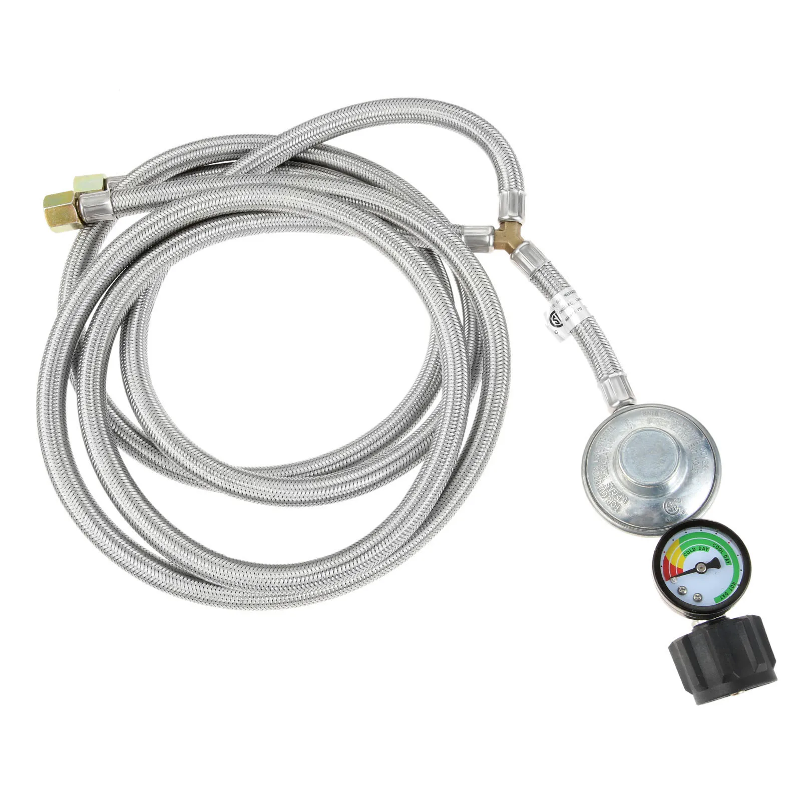 5 Feet Y-Splitter Braided Hose Low Pressure Propane Regulator Adapter with Tank Gauge Level Indicator for LPG Gas Grill Heaters