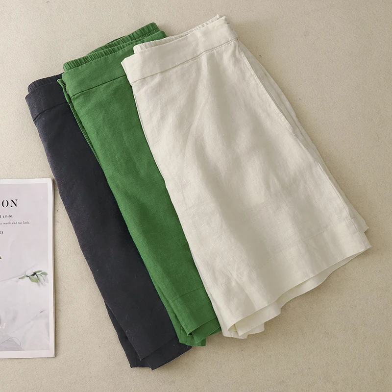 Linen Shorts Female Summer New Fashion French Temperament Simple Versatile High-waisted Straight Casual Five-minute Shorts