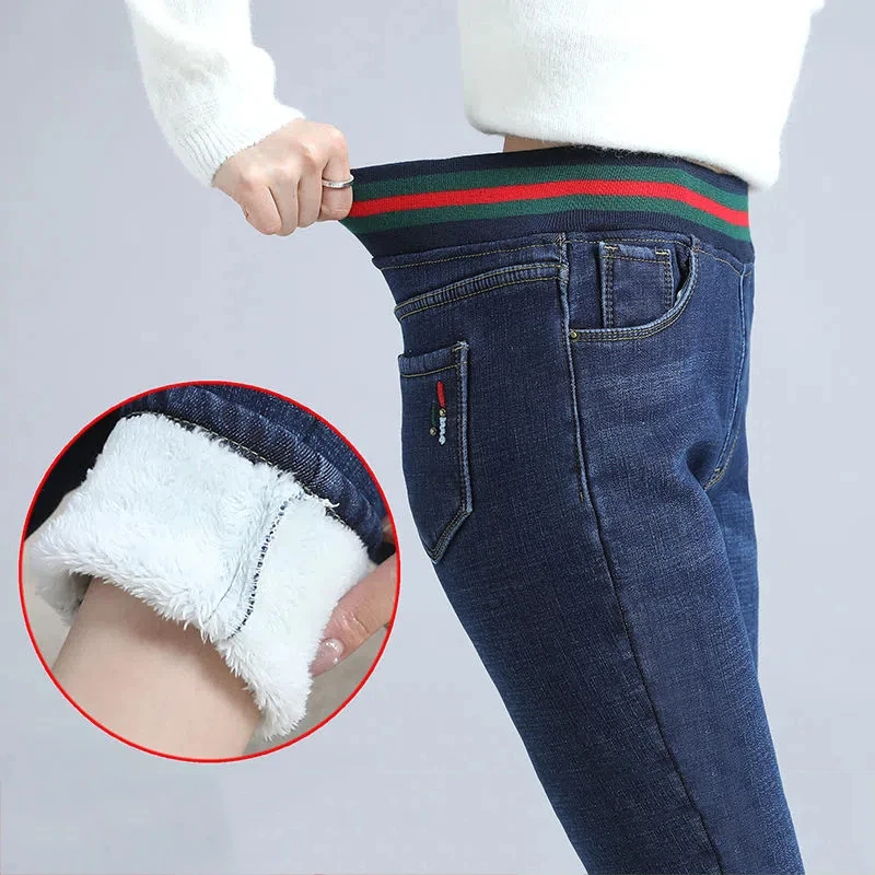 

Winter Thick High Waist Skinny Vaqueros Super Warm Lambswool Stretch Jeans Women Fleece Oversized Denim Pant Patchwork Leggings