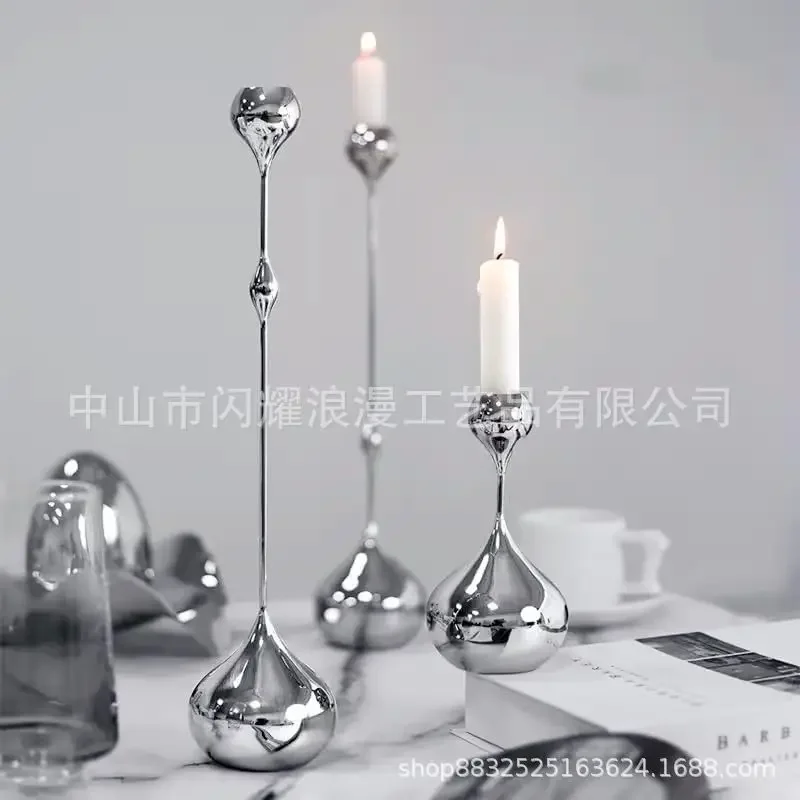 H1  electroplated wrought iron candle holder water drop three-piece set light luxury home dining table handicraft ornament