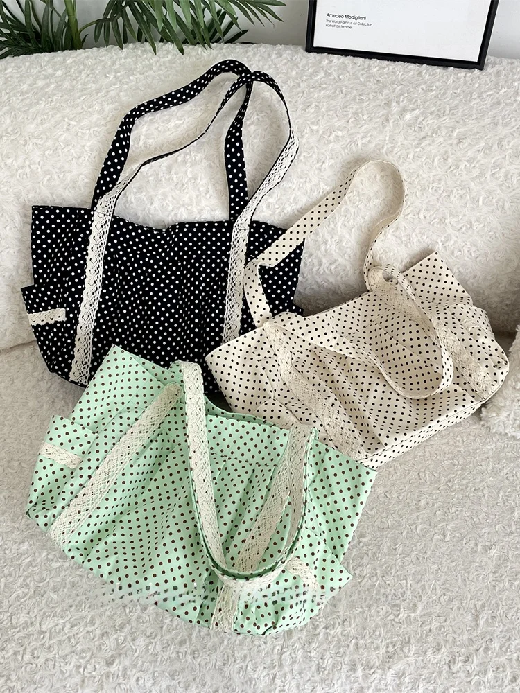 

SOZAKKA Women's Lace Canvas Shoulder Bag Commute Large Capacity Tote Bag Korean Dot Style Sweet Cool Style Soft Polyester