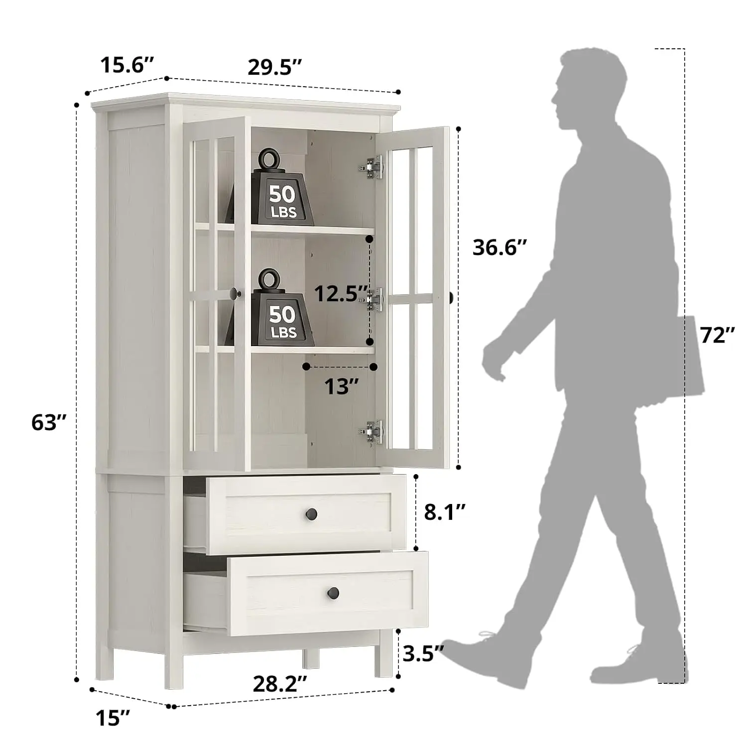 63 Inch Rustic White Kitchen Pantry Cabinet with 2 Drawers, Glass Doors and Adjustable Shelves, Farmhouse Storage Hutch