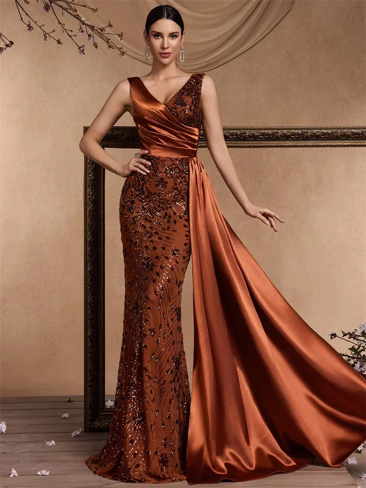

Sexy Dark Orange Prom Party Dress V-neck Crystal Sequins Satin Mermaid Formal Evening Pageant Gown Birthday Robe De Soriee