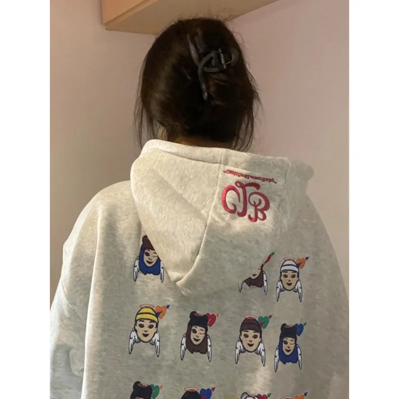 Angel Embroidery Oversize Hoodie Women's Autumn Winter Thiened Fce Lazy Sle Outerwear Casual Streetwear Polyester Cott...