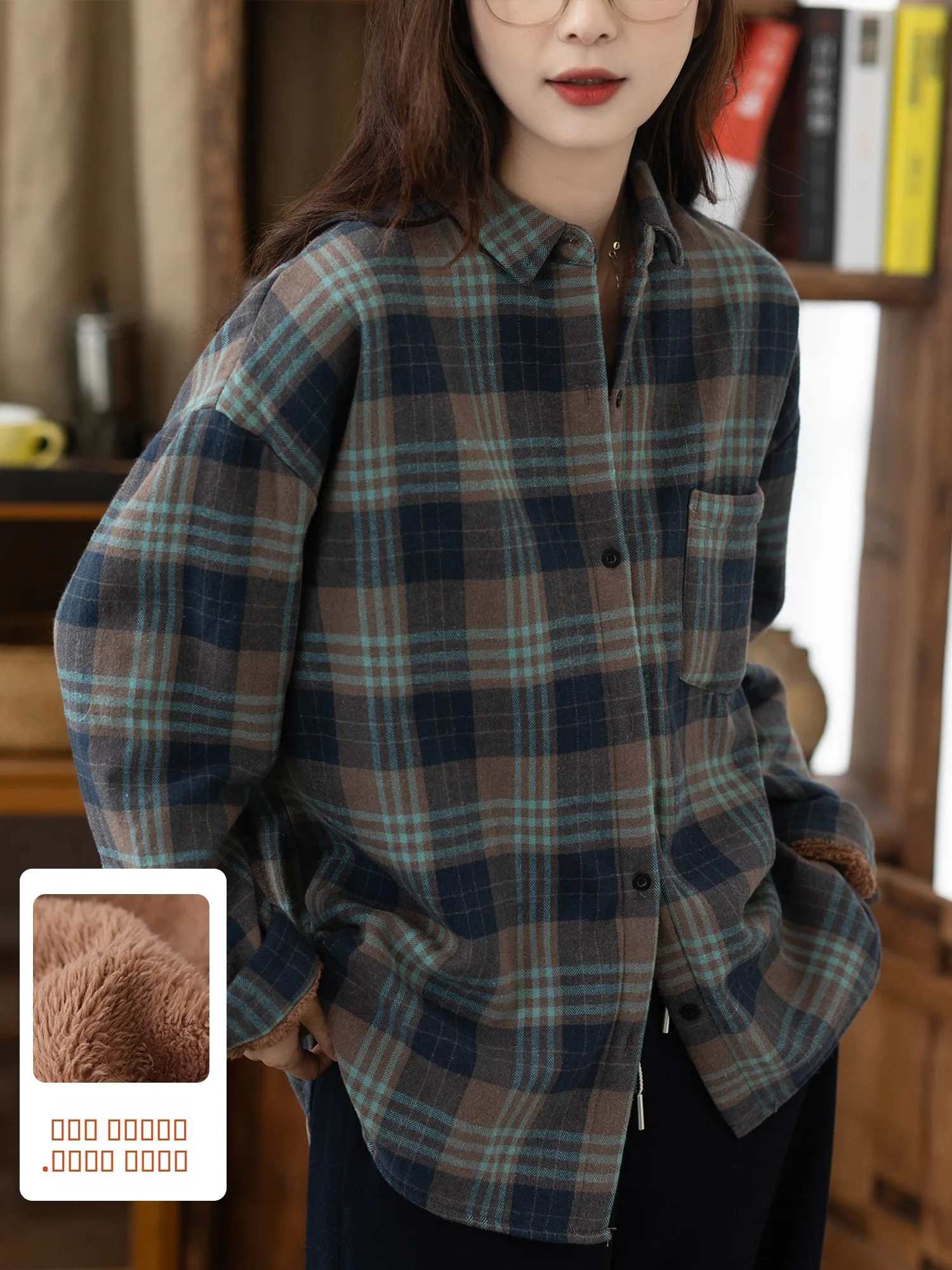 

2025 Autumn Winter Plaid Fce Lined Thi Women's irt Sli Retro Faion Casual Cotton Long Sve Collar Button ...