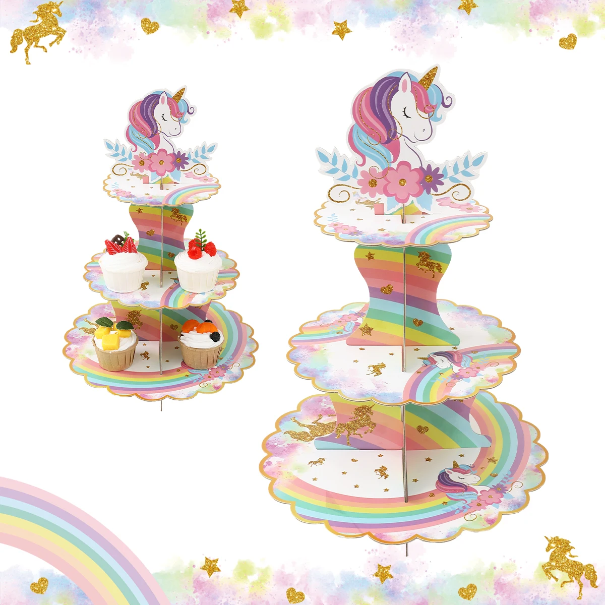 Unicorn Party 3 Tier Foldable Cupcake Stand Unicorn Birthday Party Decoration Kids Girl Cake Display Stand Baby Shower Supplies