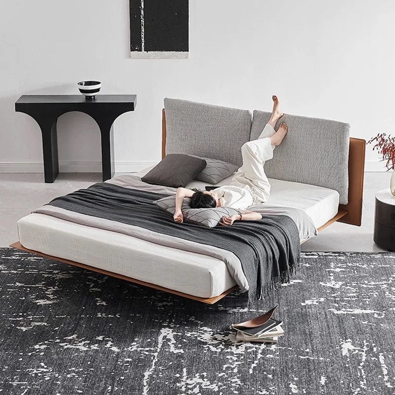 

Italian minimalist saddle leather suspension bed high-end custom bed modern bedroom leather double bed