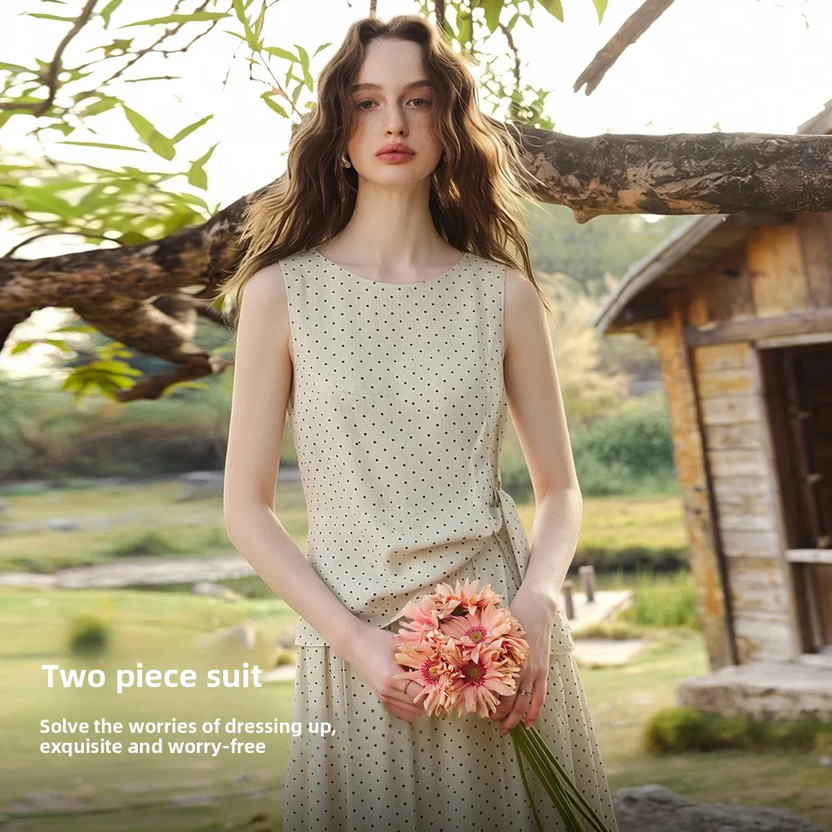 OLrain Retro Casual Beige Polka Dot Skirt Set 2026 Summer O-neck Sleeveless Top A-Line Skirt 2 Piece Women's Suit O58XE006110