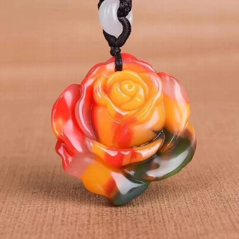 Hetian Jade Colorful Jade Flower Blooming Rich Pendant for Men and Women Colorful Transfer Rose Jade Pendant Pendant