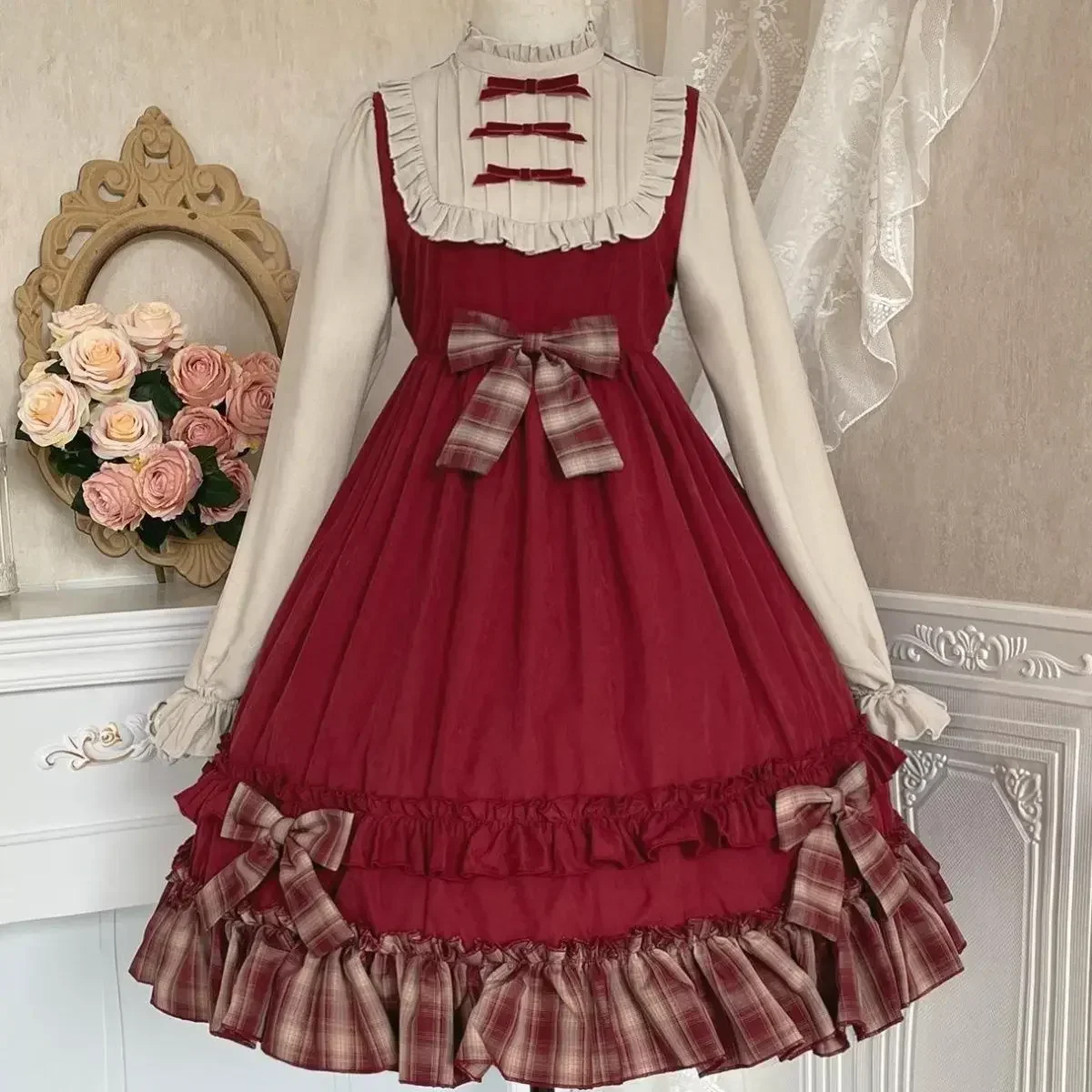 Chapeuzinho vermelho original Lolita vestido de manga comprida para meninas, OP bonito arco, ano novo, verão e outono