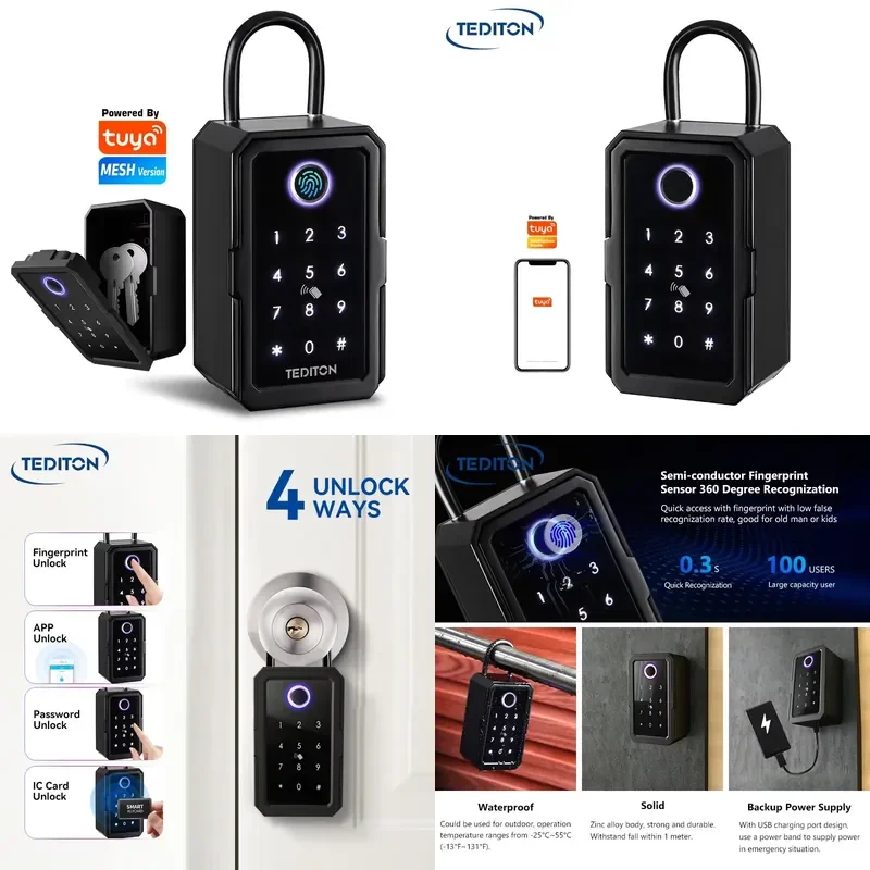 2026 Tediton App Waterproof Outdoor Wall Mounted Strong Fingerprint Code Smart Key Lock Box