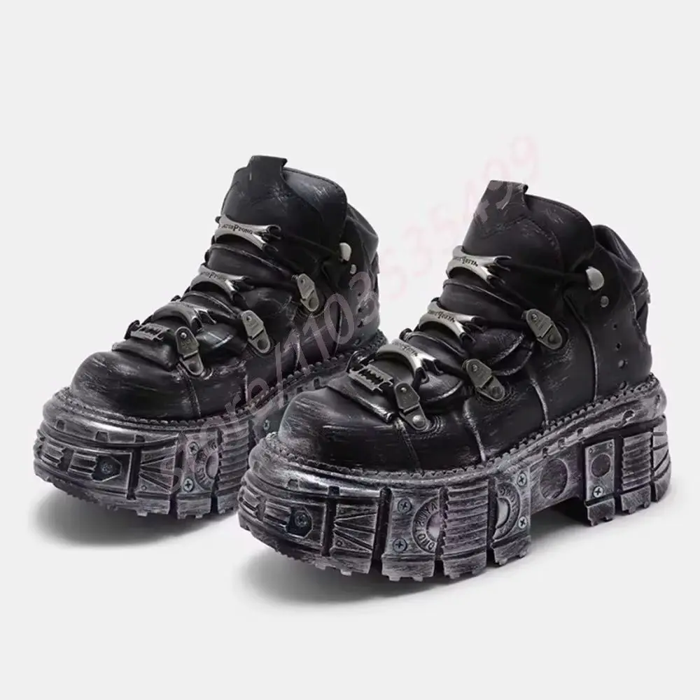 

Новинка 2024 года, уличные туфли-лодочки с металлическими заклепками, весенние круглые спортивные повседневные короткие ботинки на толстой подошве, черные модные ботильоны на шнуровке 35–45