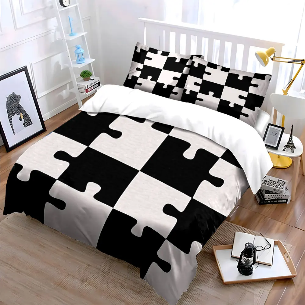 

"Black and White Puzzle Design" Exquisite three-piece bedding set gift for kids and adults