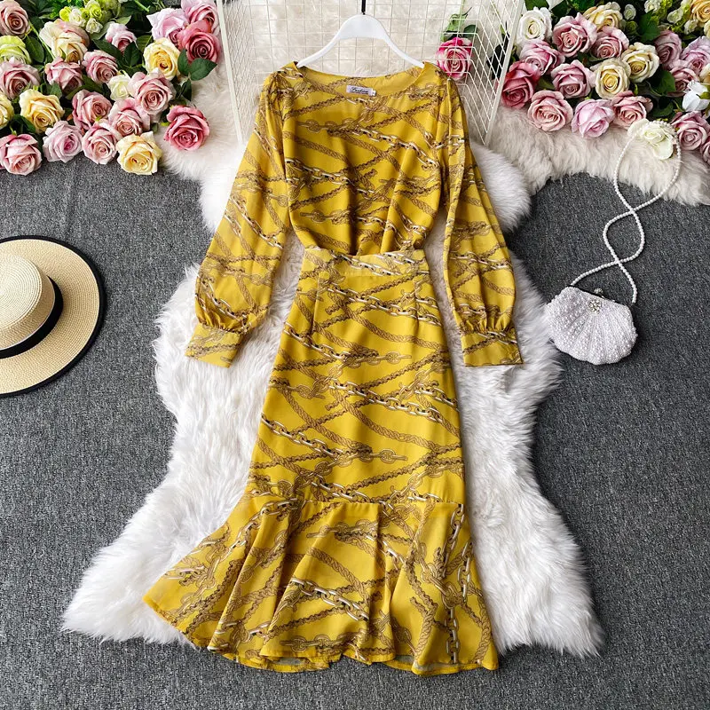 

Temperament Set 2025 Autumn Round Neck Chiffon Long Sleeve Shirt+High Waist Fish Tail Wrapped Hip Skirt Two Piece Set
