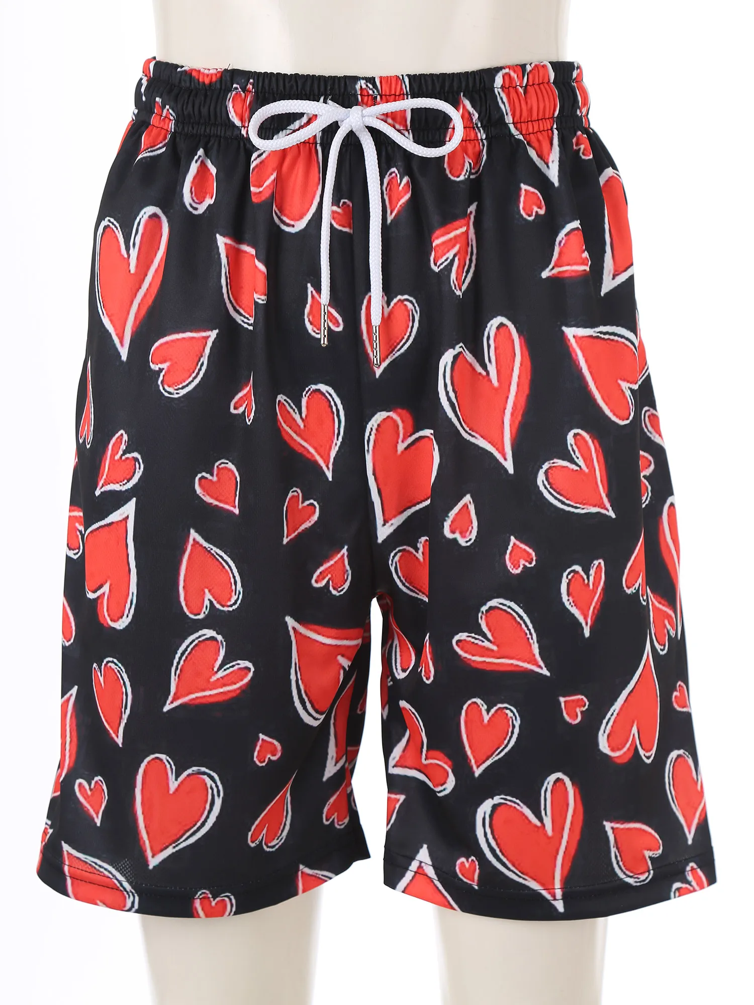 Unisex Fashion Heart Print Boxer Shorts Elastic Waist with Drawstring Side Pockets Loose Loungewear for Beach Swimwear Bottom