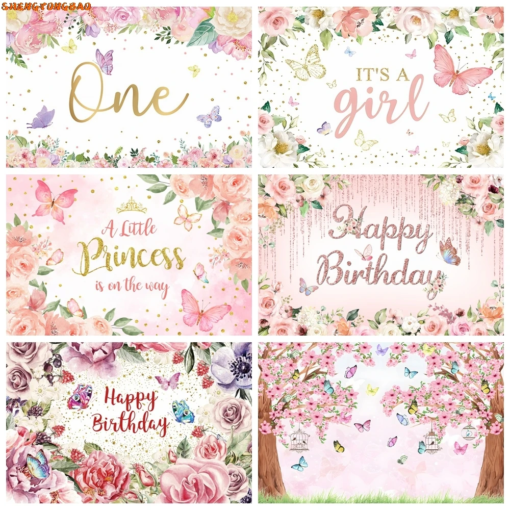 

Dreamy Butterfly Backdrop for Girls Princess Birthday Party Pink Flowers Baby Shower Photography Background Decor Photo Studio
