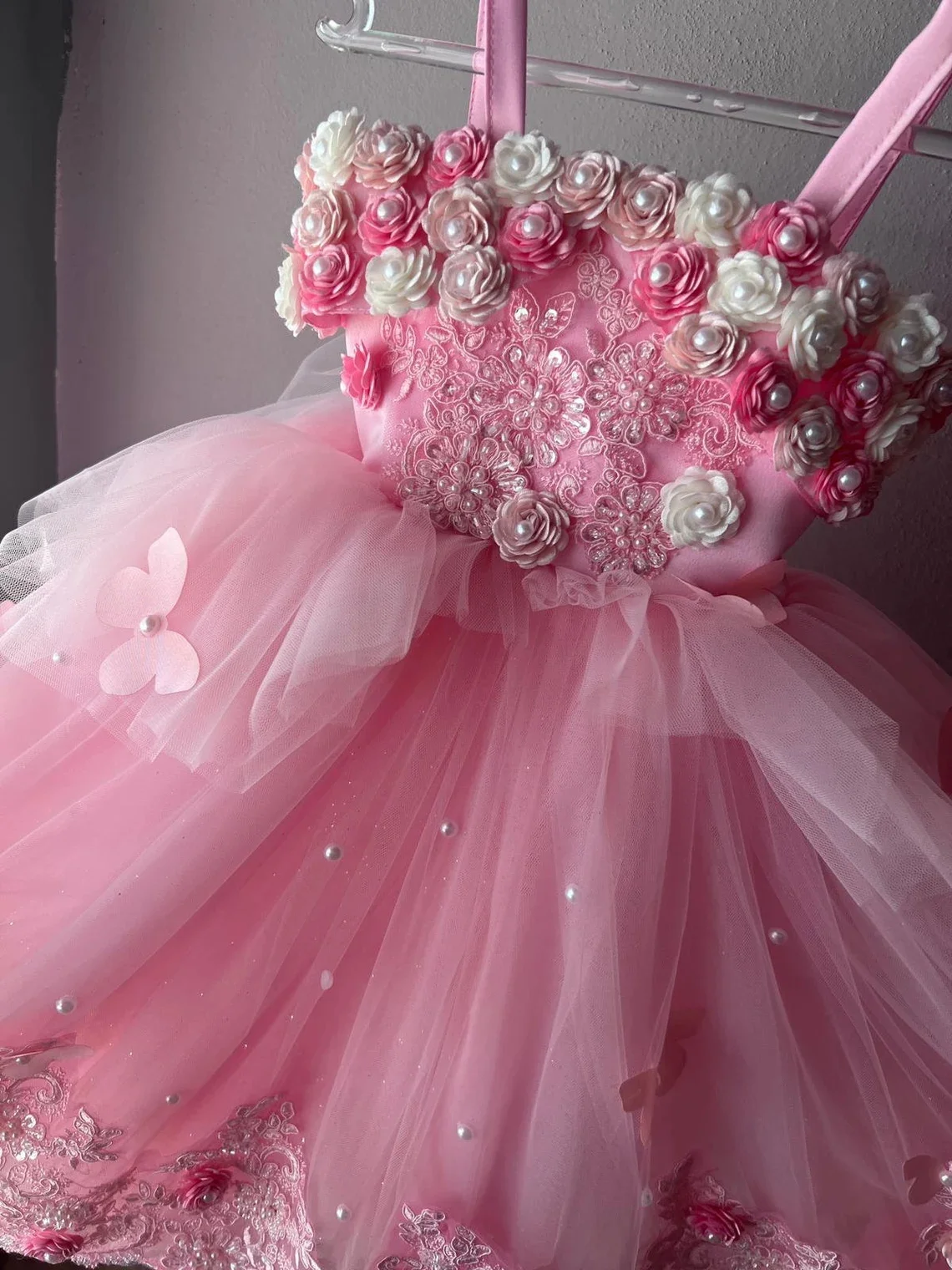 Vestido de flores para niña pequeña, traje largo de tul con perlas para boda, fiesta de cumpleaños, apliques sin hombros