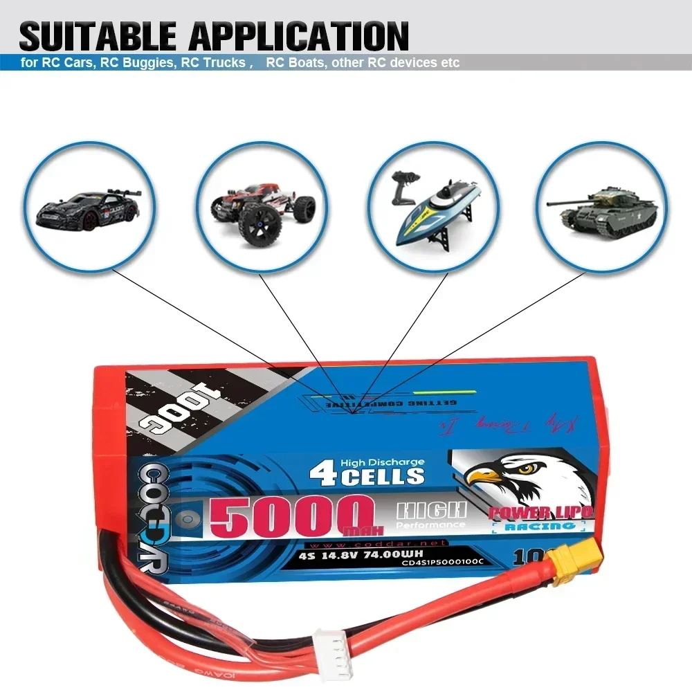 CODDAR 14.8V 4S LiPo แบตเตอรี่ 100C 5000mAh สําหรับ RC รถบรรทุกรถถัง Buggy Truggy Racing เรือรุ่น HardCase พร้อม XT60 XT90