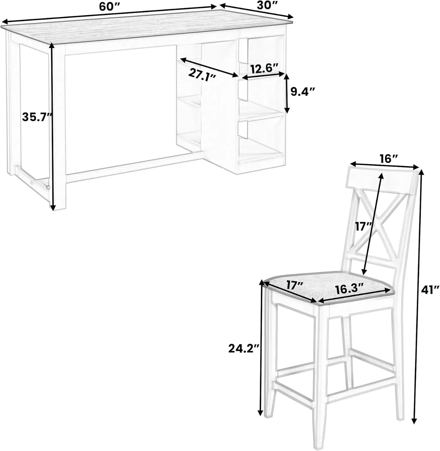 Farmhouse 5-Piece Counter Height Dining Table Set, 2-Tone Rectangular Dining Table With 3-Tier Storage Shelves And Upholstered