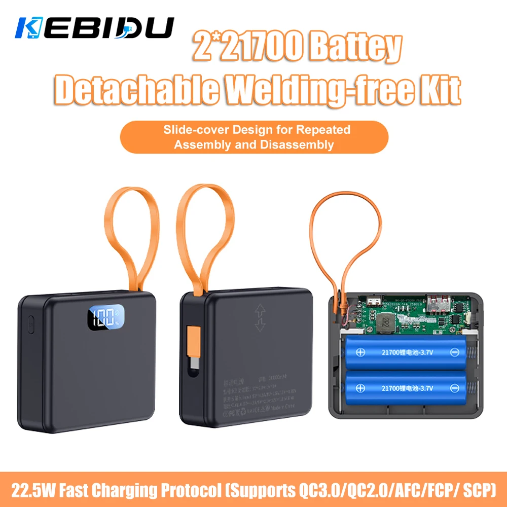 KEBIDU 10W PD 22,5W Schnellladungs-Powerbank-Gehäuse 2x21700 Lötfreie DIY-Batteriebox USB Typ C QC3.0 Gehäuse Mit Ladekabel
