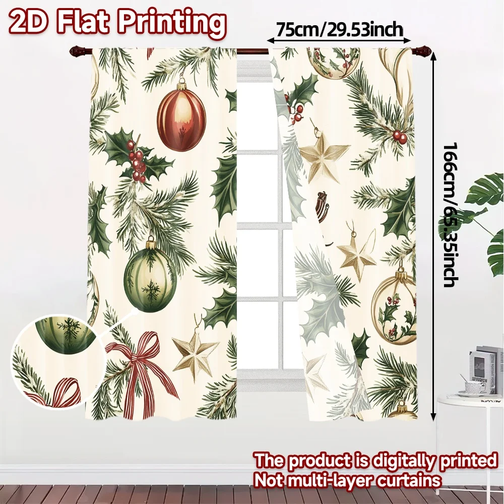 2pcs,Curtains Christmas Ornaments Pine Branches Holly_a Popular Creative Curtains 100% Polyester Curtains All Seasons for