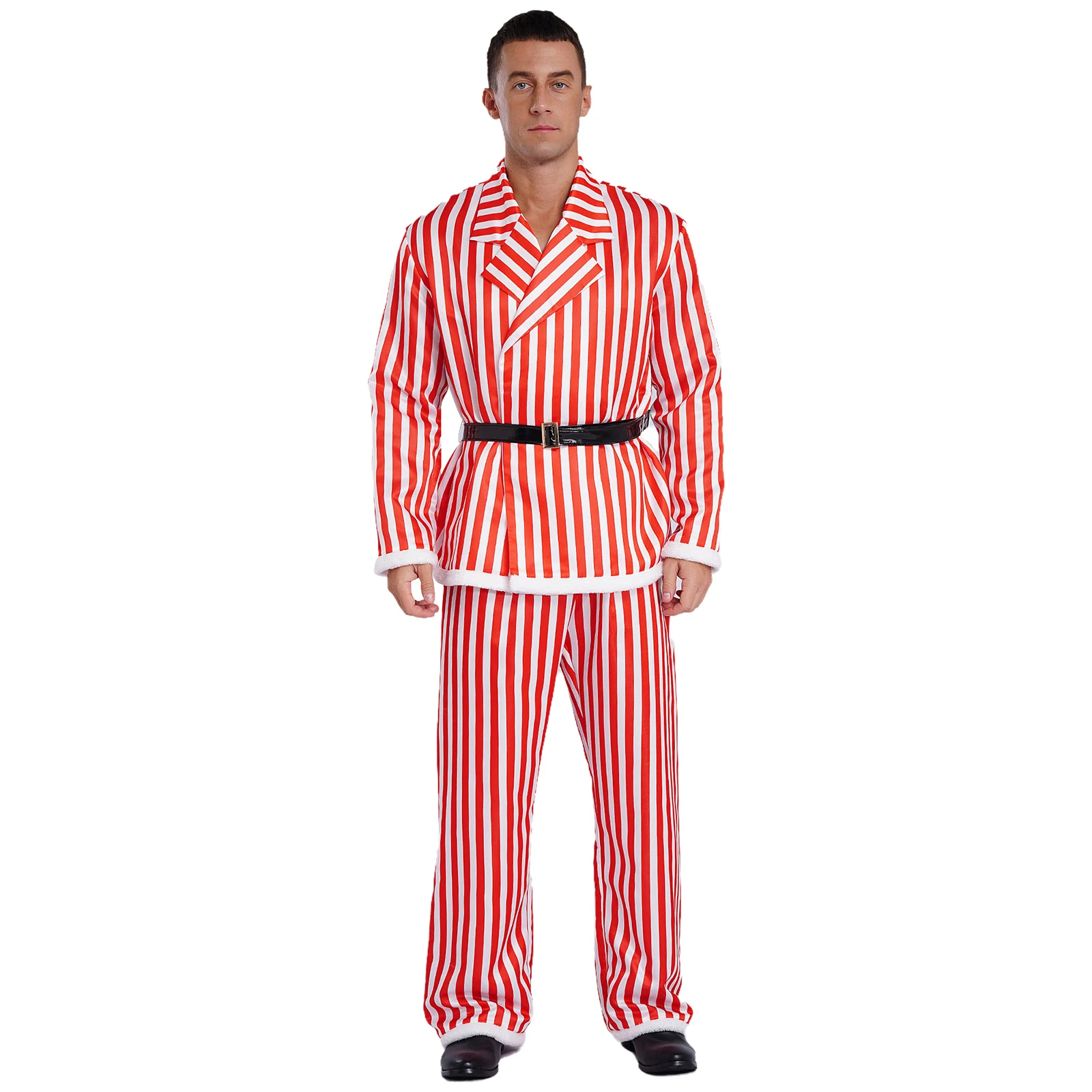 Men Christmas Santa Claus Cosplay Costume Long Sleeve Lapel Striped Blazer with Pants Belt Xmas New Year Party Carnival Outfit