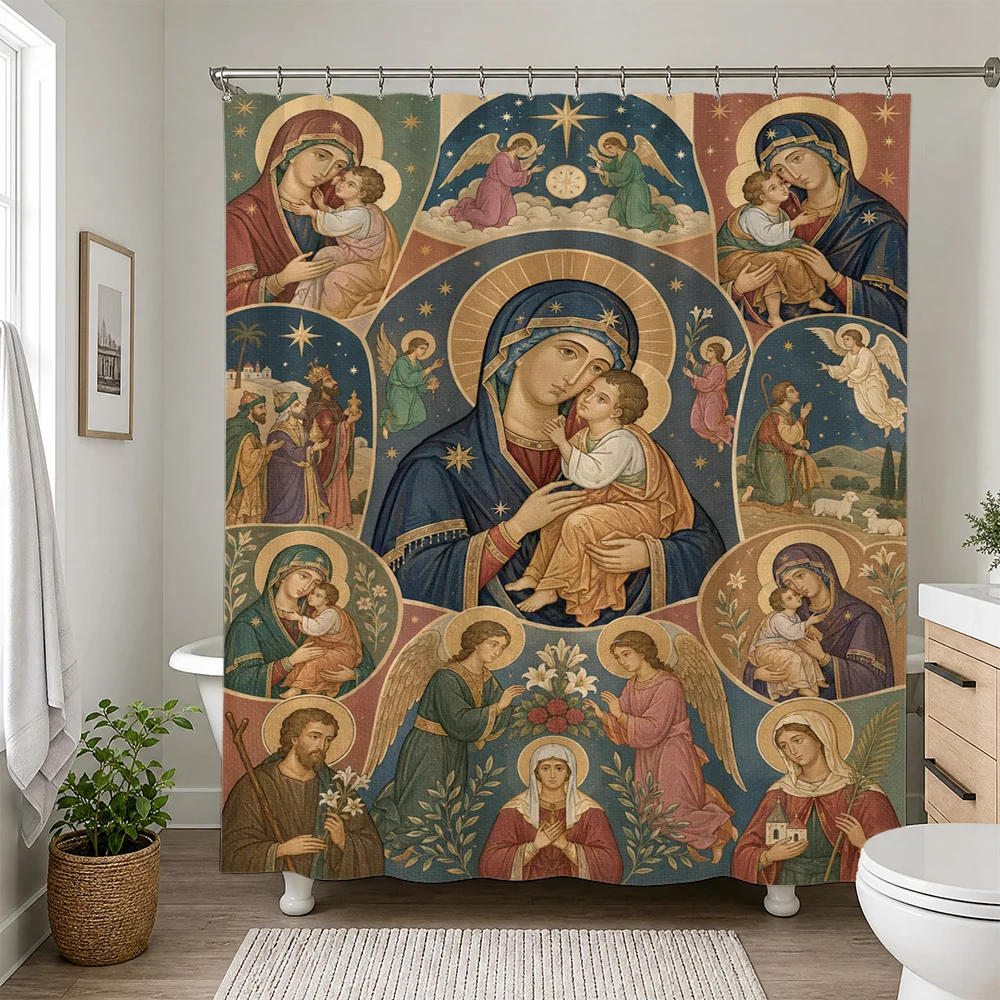 Vintage Religious Art Shower Curtain Christian Iconography Madonna and Child Biblical Scene Bathroom Decor