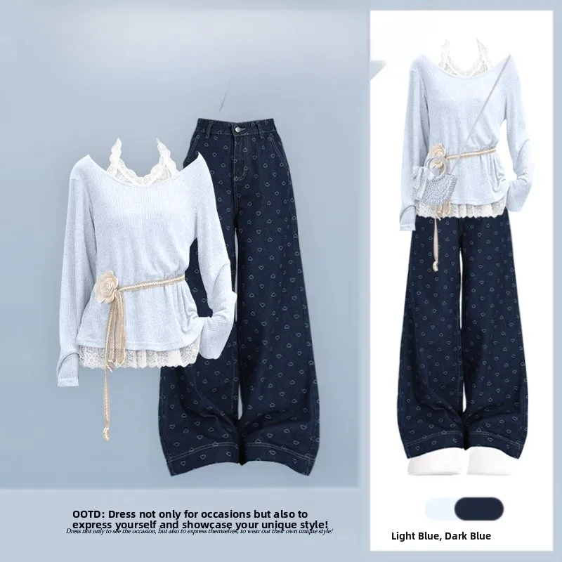 

Dopne Anti-Aging Layering Design Top Spring 2026 New Sle Two-Piece Set Polka Dot Jeans Versatile Long Sve T-irt