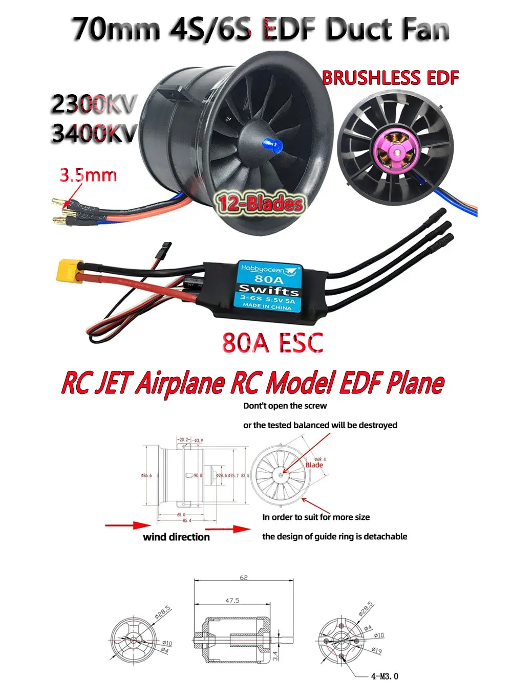 Hobbyocean 70 mm bürstenloser EDF-Kanalventilator 12 Flügel 4S 3400KV 6S 2300KV ca. 2200G Schub für RC JET Flugzeug RC Modell EDF Flugzeug – Detail 1