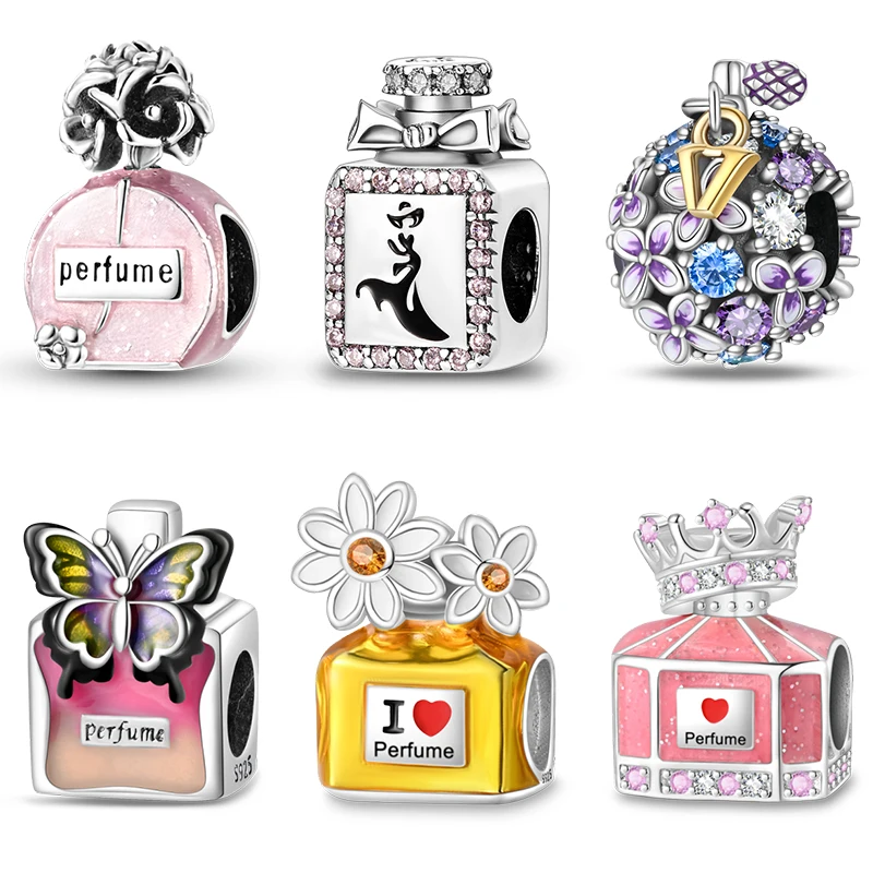 New 925 Silver Color Butterfly Crown Pink Perfume Bottle Charms Beads Fit Pandora 925 Original Bracelets Fine DIY Jewelry Gifts