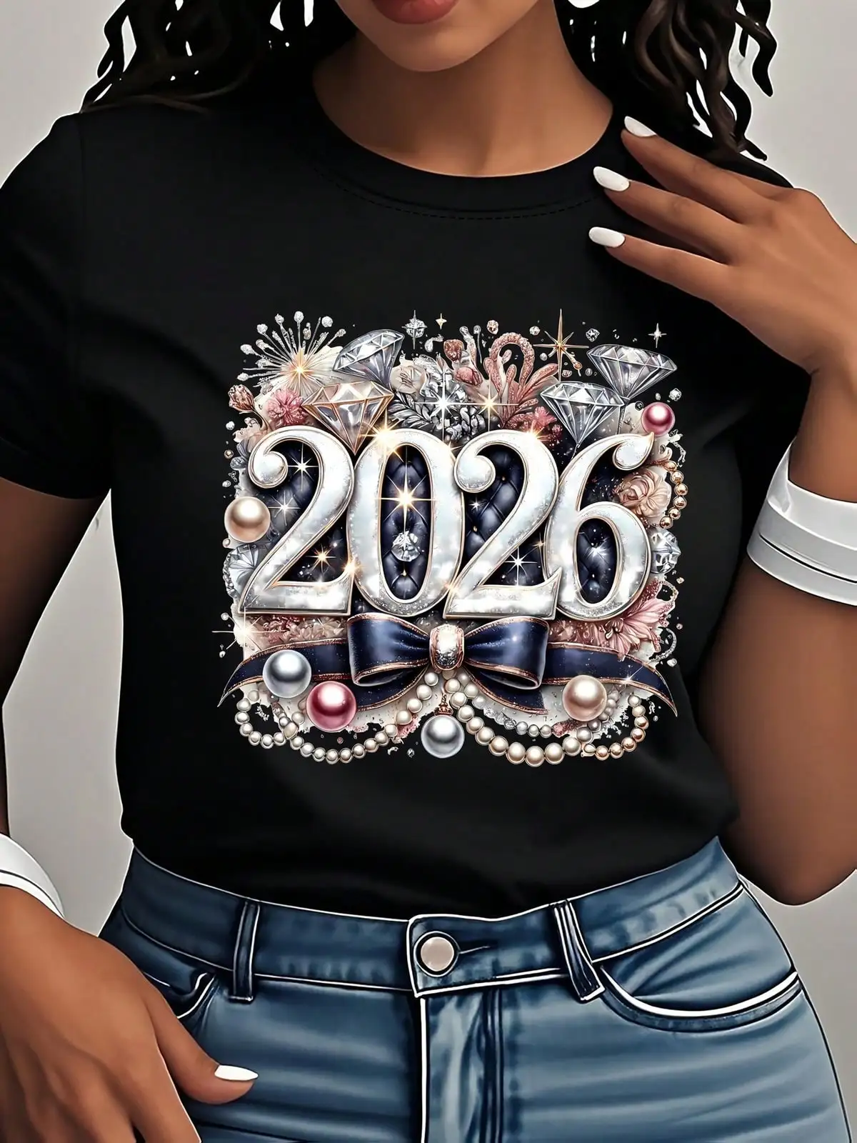 Women's 2026 Happy New Year Tee - Able 2026 Happy New Year Glamorous Letter Graphic Print T-Shirt, Women's New Year's Eve Celebration Clothing, Goodbye 2025, Hello 2026 Slogan Design T-Shirt, Women's Loose Casual Round Neck Short Sleeve T