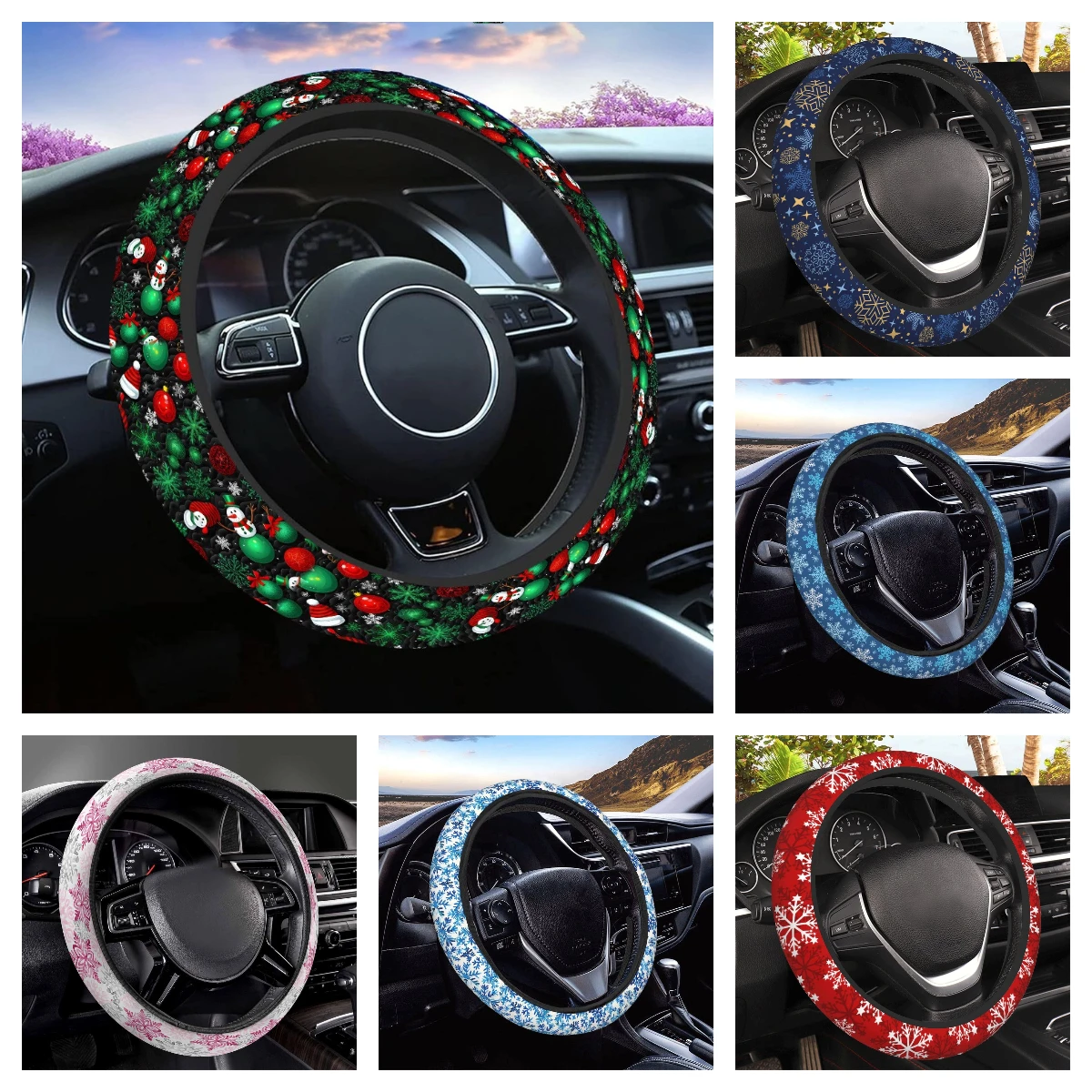 Winter Wonderland Steering Wheel Cover Snowflake Print Anti-Slip Grip 15-Inch Fit for Cars SUV Trucks Elastic Wheel Protector