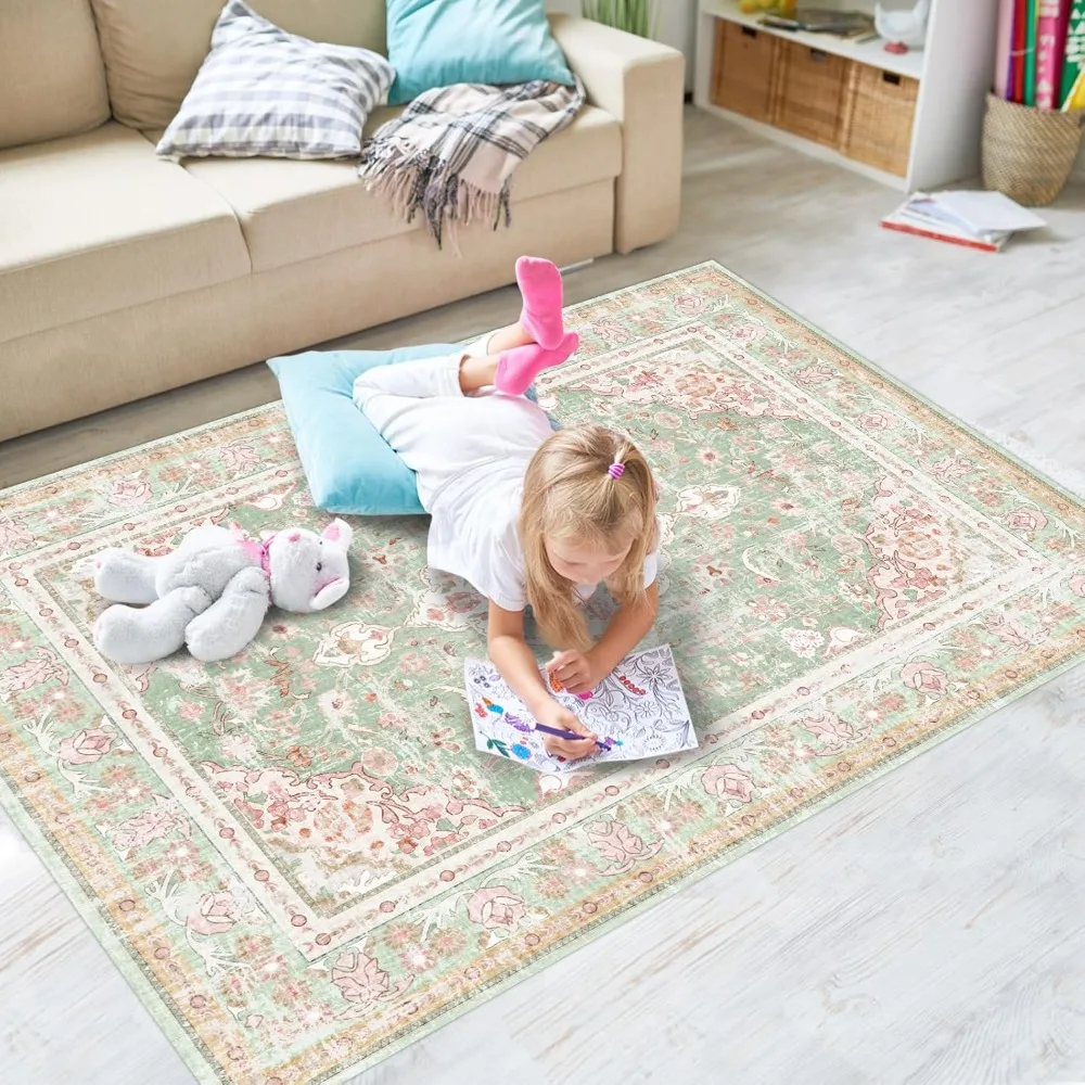 

Vhong Bohemian Vintage Style Neutral-Toned Small Area Rugs - Green and Pink for High Traffic Spaces, 3x5 Suitable for Dining and