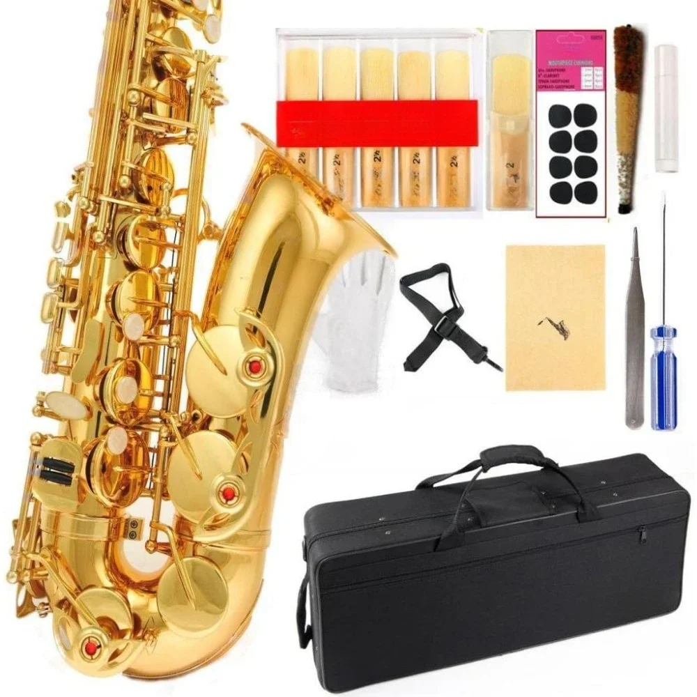 Adjustable Leather Saxophone with 11Reeds, Gold Laquer, 8 Pads Cushions, Case, Carekit